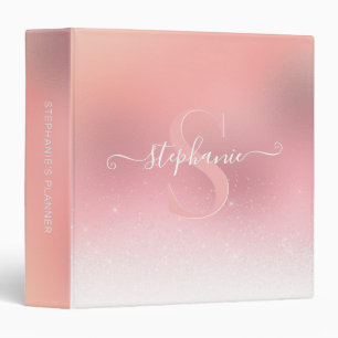 Rose Pink Shimmer Glitter Girly Monogrammed 3 Ring Binder
