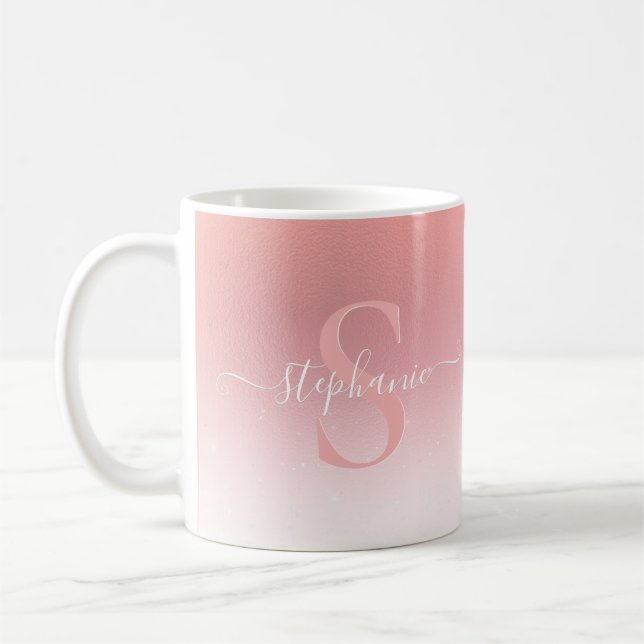 Rose Pink Shimmer Glitter Girly Monogrammed Coffee Mug (Left)