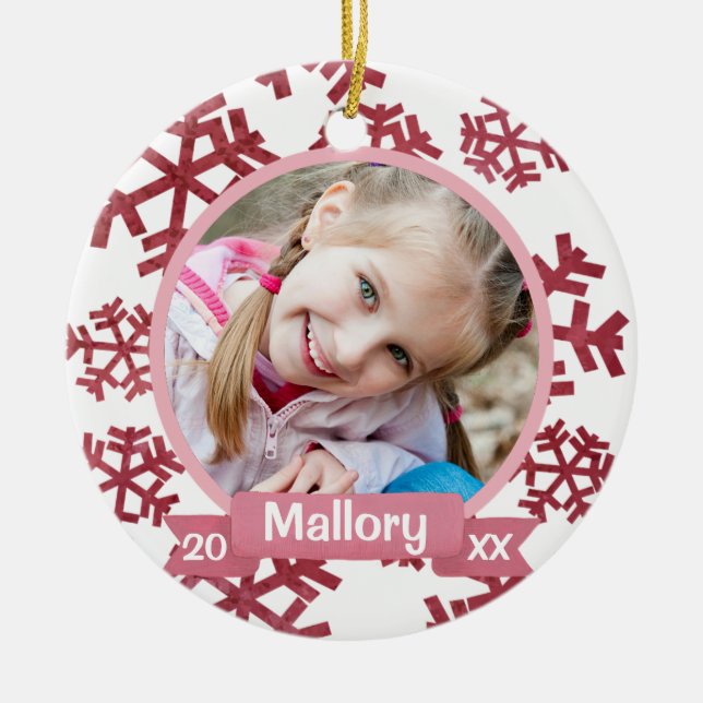 Rose Pink Snowflakes Personalized Keepsake Ceramic Ornament (Front)