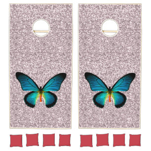 Rose Pink Sparkle Glitter Blue Butterfly Cornhole Set