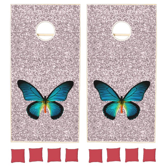 Rose Pink Sparkle Glitter Blue Butterfly Cornhole Set (Set)