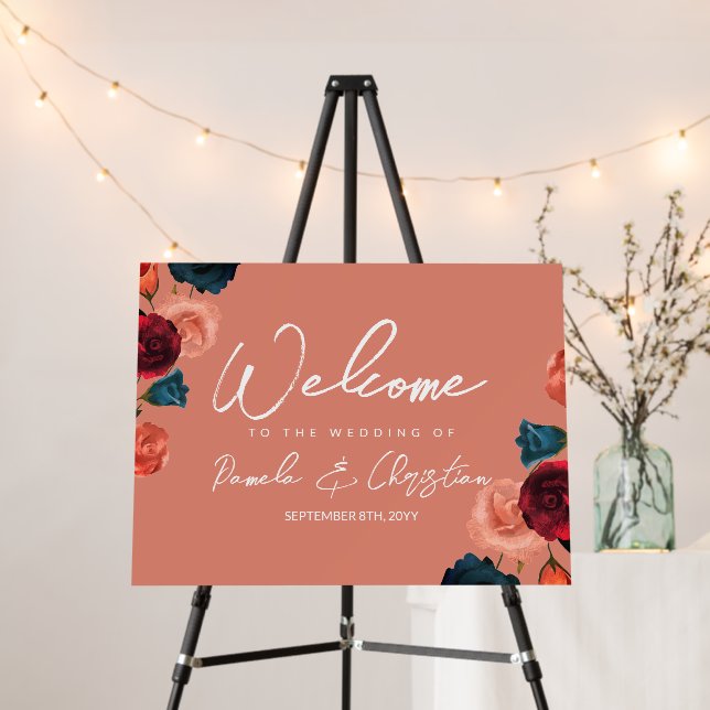 Rose Pink, Teal, Burgundy Wedding Welcome Sign (In Situ (Stand))