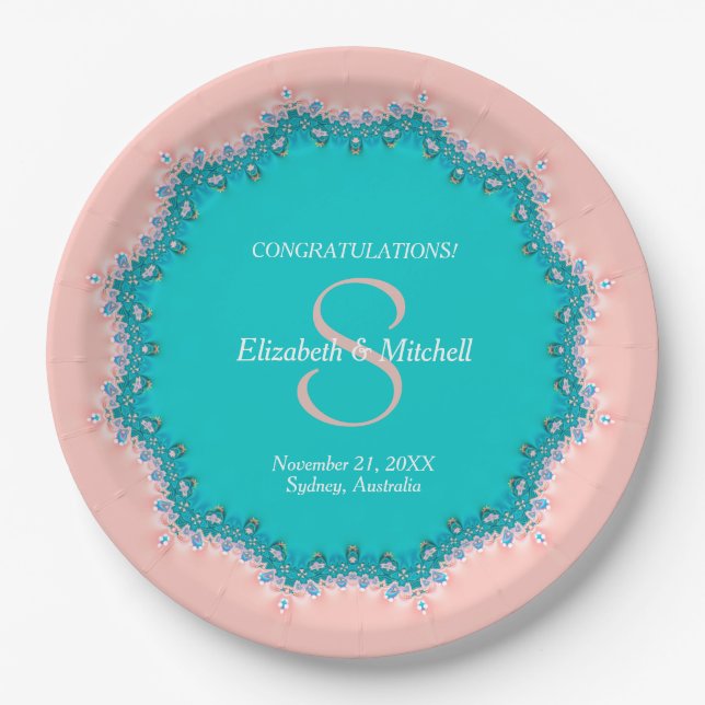 Rose Pink + Teal Lace Wedding Party Paper Plates (Front)