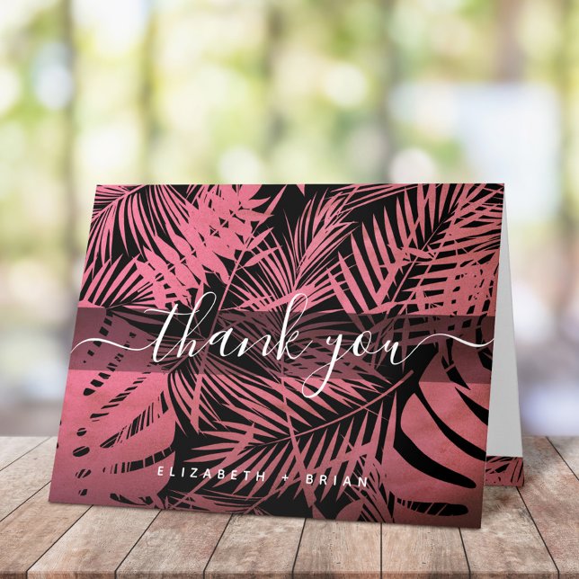 Rose pink tropical palm leaf pattern script name letterpress thank you card (Creator Uploaded)
