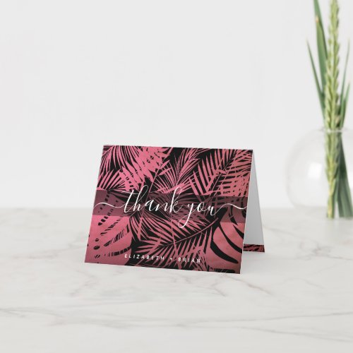 Rose pink tropical palm leaf pattern script name thank you card