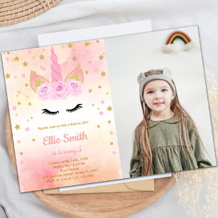 Rose Pink Unicorn Birthday Invitation with Photo