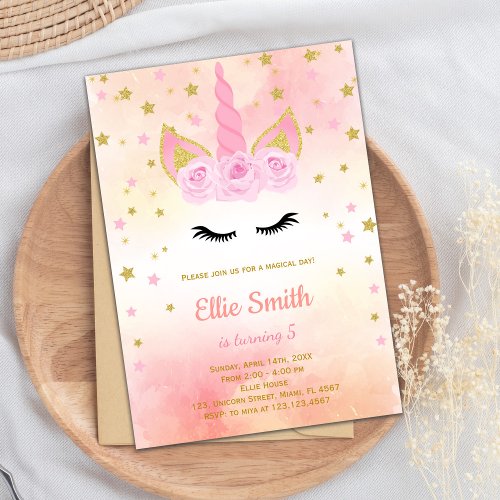 Rose Pink Unicorn Birthday Invitations