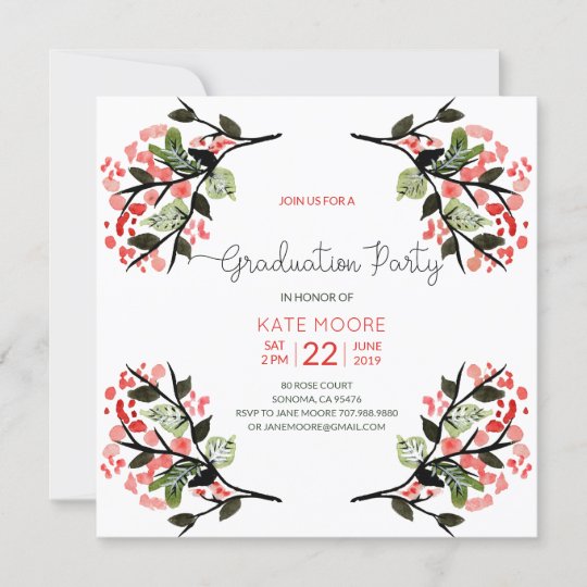 Rose Pink Watercolor Flowers Leaves Graduation Invitation | Zazzle.com