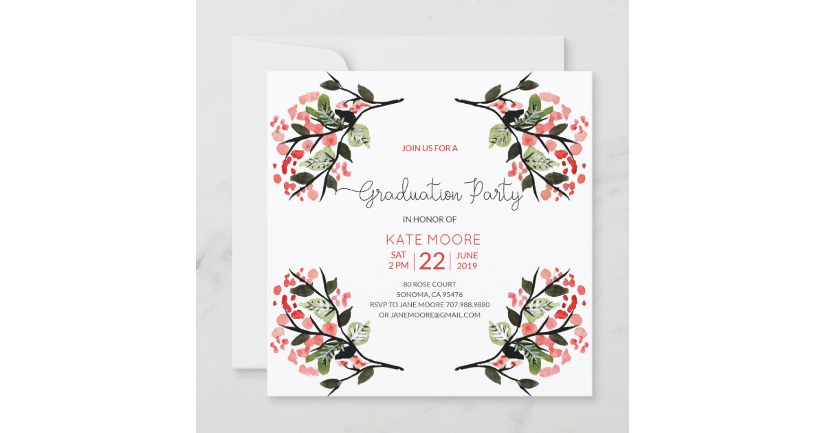 Rose Pink Watercolor Flowers Leaves Graduation Invitation | Zazzle