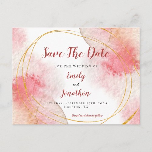 Rose Pink Watercolor Gold Lines Save The Date Postcard