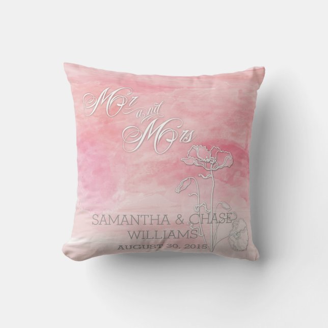 ROSE PINK WATERCOLOR POPPIES  WEDDING THROW PILLOW (Front)