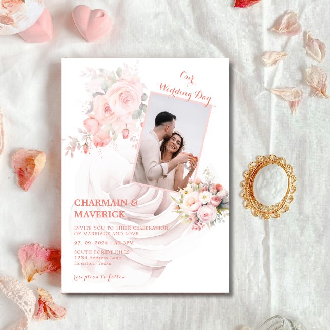 Rose Pink Wedding Photo  Invitation (Creator Uploaded)