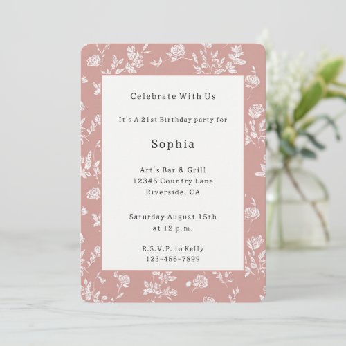 Rose Pink White Flowers Birthday   Invitation