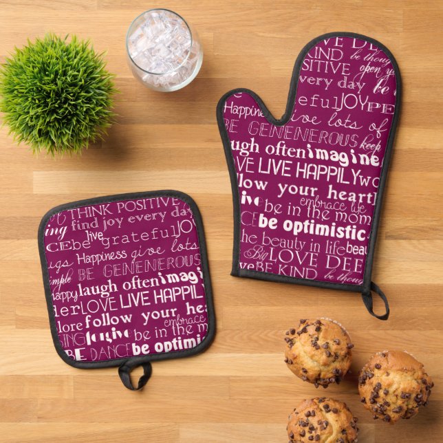 Rose Pink White Inspirational Words Christmas Oven Mitt & Pot Holder Set (Top Down)