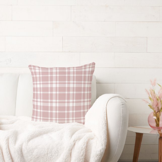 Rose Pink White Tartan Plaid Pattern Throw Pillow (Couch)