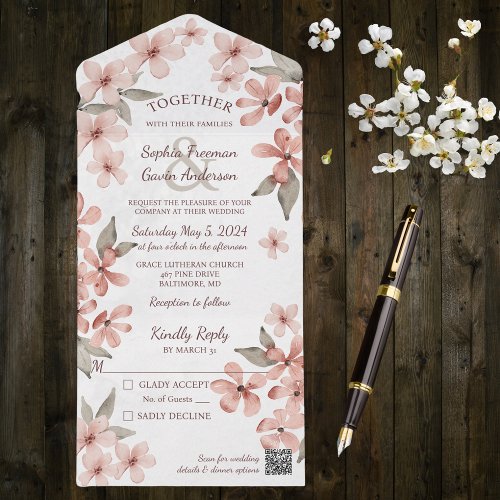 Rose Pink Wildflower Blooms on White with QR Code All In One Invitation