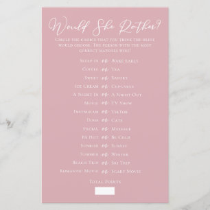 Rose Pink Would She Rather Bridal Shower Game