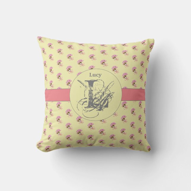 Rose Pink Yellow Floral Unique Chic Monogram Name Throw Pillow (Front)
