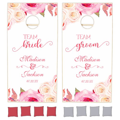 Rose Pink  Yellow Floral Wedding Team Bride Groom Cornhole Set