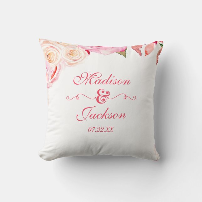 Rose Pink & Yellow Floral Wreath Monogram Ring Throw Pillow (Front)