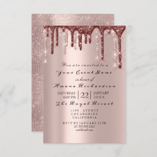 Rose Powder Sparkly Glitter Drips BRIDAL 16TH Invitation