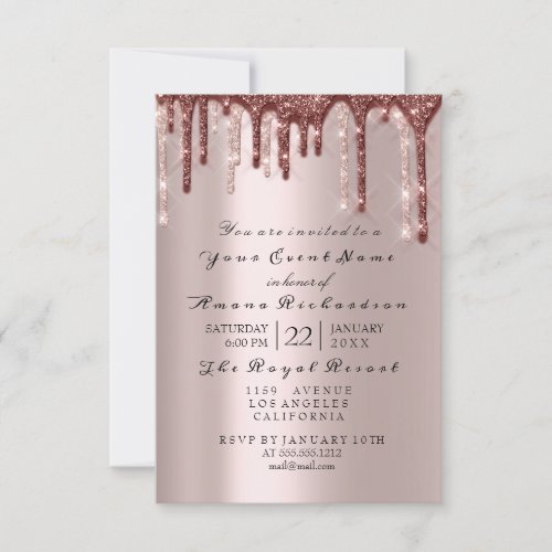 Rose Powder Sparkly Glitter Drips Bridal Shower Invitation