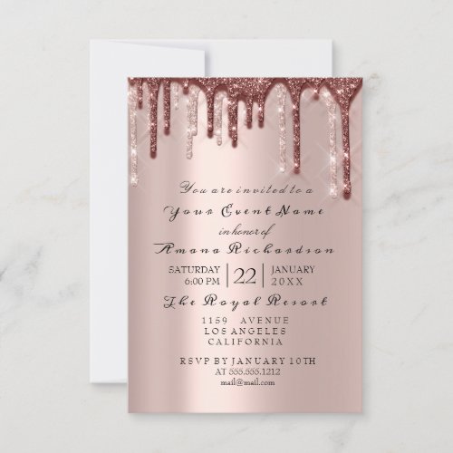 Rose Powder Sparkly Glitter Drips Sweet 16th Invitation