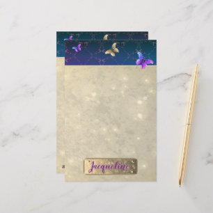 Rose Purple Butterflies w/Name Stationery