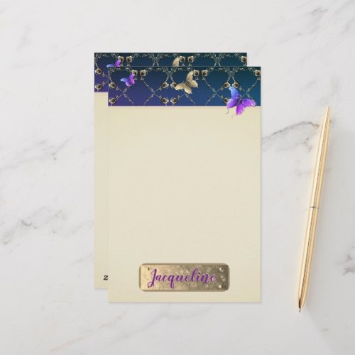 Rose Purple Butterflies wName  Stationery