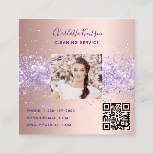 Rose purple dust cleaning service photo qr code square business card