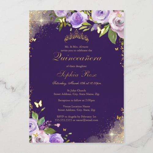 Rose Purple Gold Butterfly Floral Quinceanera Foil Invitation