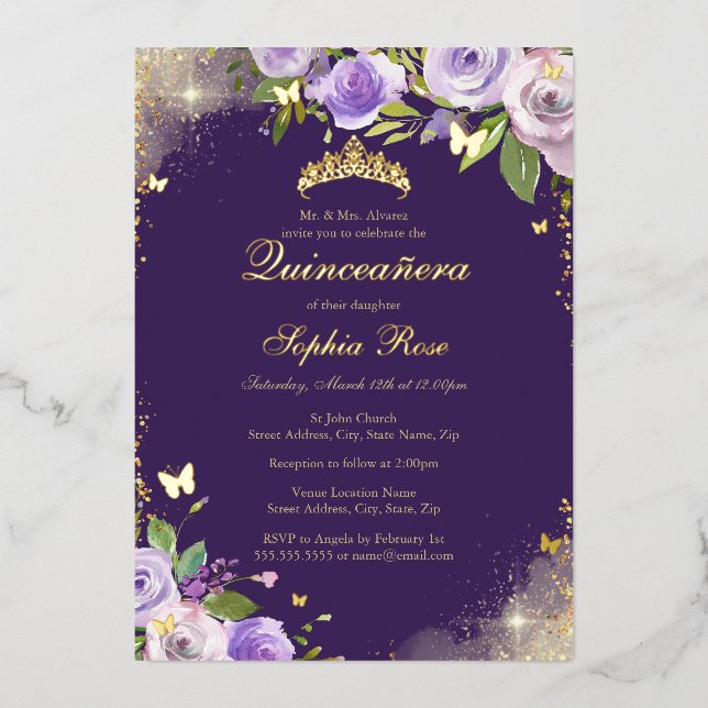 Rose Purple Gold Butterfly Floral Quinceanera Foil Invitation (Front)