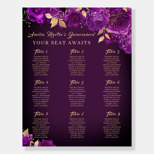 Rose Purple Swirl Gold Seating Chart Foam Boards (Front)