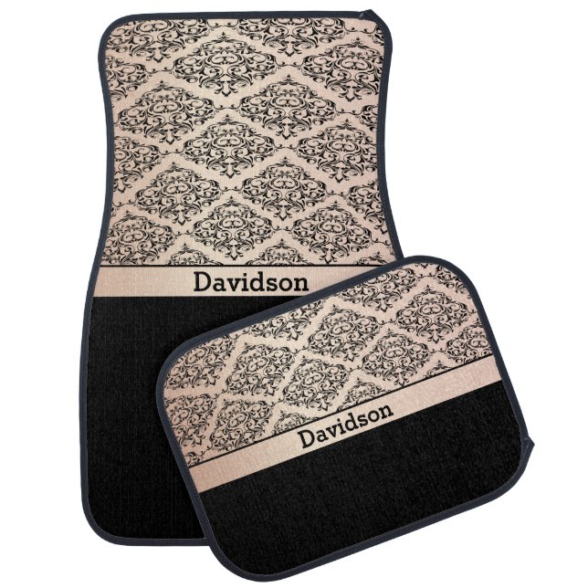 Rose Quartz and Black Damask | Personalize Car Floor Mat (Set)