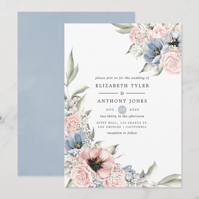 Rose Quartz and Serenity Blue Floral Wedding Invitation (Front/Back)
