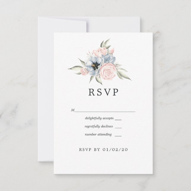 Rose Quartz and Serenity Blue Floral Wedding RSVP Card (Front)