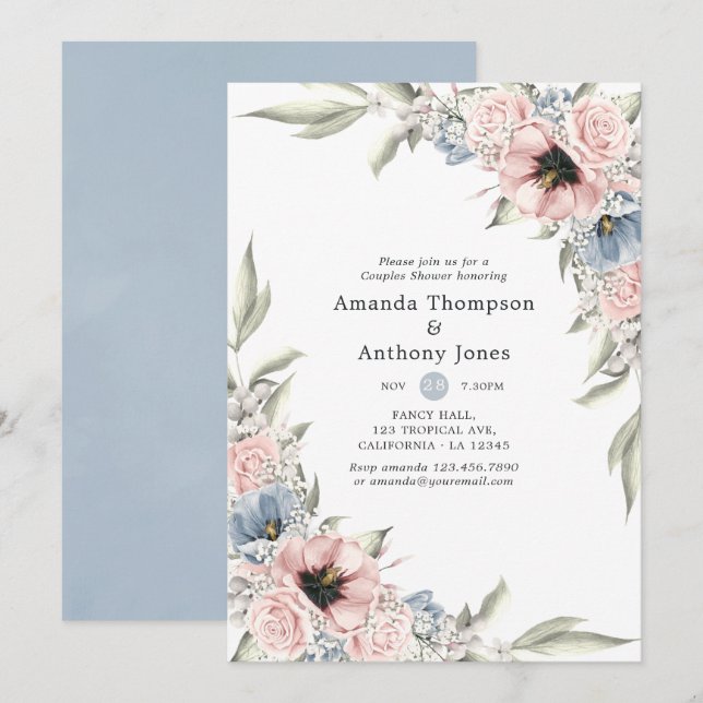 Rose Quartz and Serenity Floral Couples Shower Invitation (Front/Back)