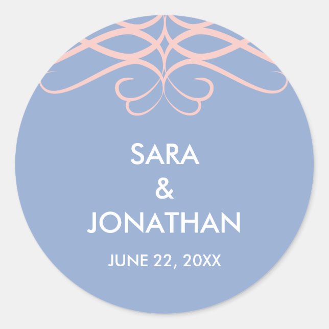 Rose Quartz & Blue, Elegant Personalized Wedding Classic Round Sticker (Front)
