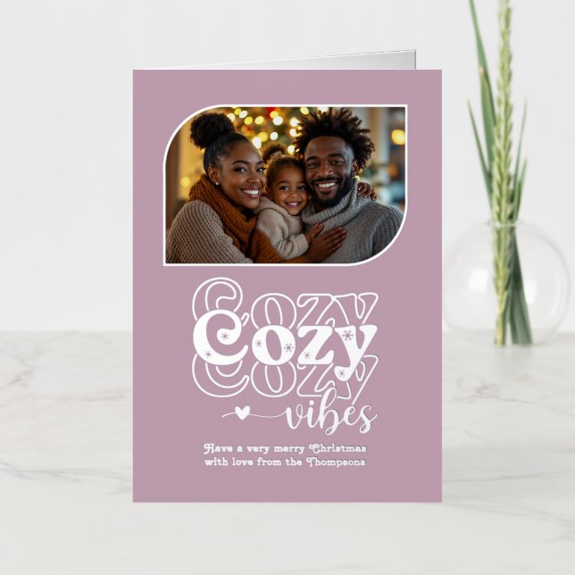 Rose Quartz Cozy Vibes Christmas Photo Foil Holiday Card (Front)