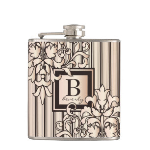 Rose Quartz Damask Stripes Monogram Girly Neutral Flask