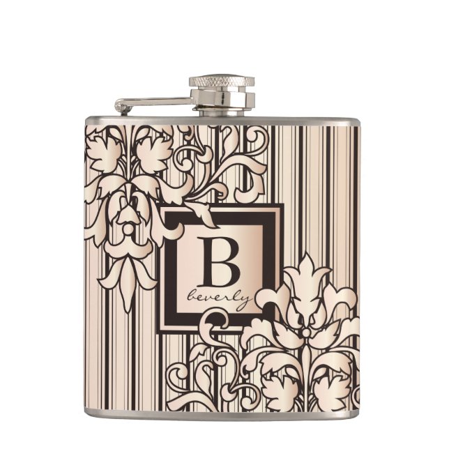 Rose Quartz Damask Stripes Monogram Girly Neutral Flask (Front)