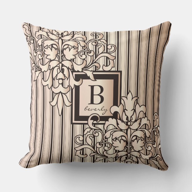 Rose Quartz Damask Stripes Monotone Neutral Girly Throw Pillow (Front)