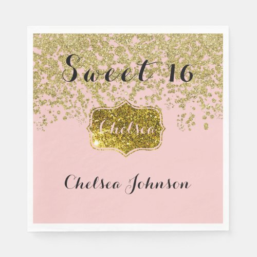 Rose Quartz Glitter Gold Sweet 16 Napkins