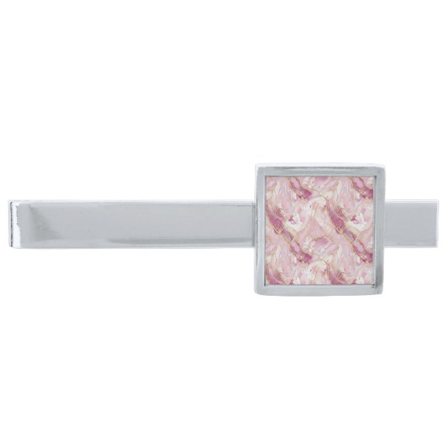 Rose Quartz & Gold Marble Silver Finish Tie Bar (Front)