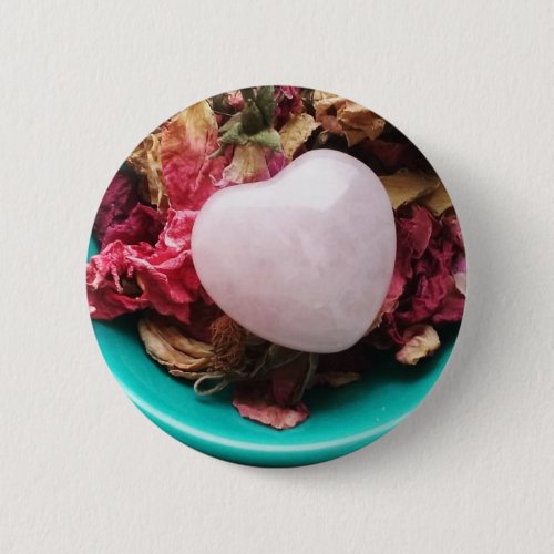 Rose Quartz Heart in a Bed of Rose Petals Button