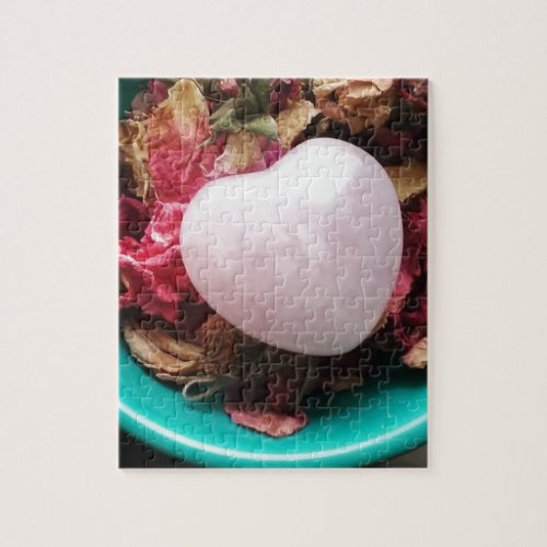 Rose Quartz Heart in a Bed of Rose Petals Jigsaw Puzzle