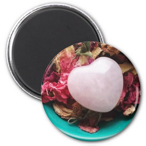 Rose Quartz Heart in a Bed of Rose Petals Magnet