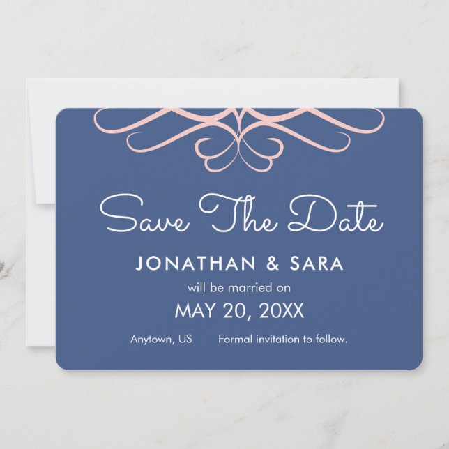 Rose Quartz on Denim Blue, Elegant Save the Date (Front)