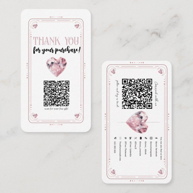 Rose Quartz Pink Heart Crystal Social Media QR Business Card (Front/Back)