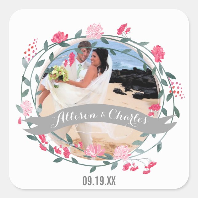 Rose Quartz Pink Personalized Your Wedding Photo Square Sticker (Front)